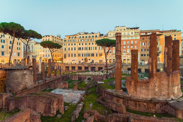 Fototapeta na wymiar Largo di Torre Argentina archeological site by sunset in Rome, Italy