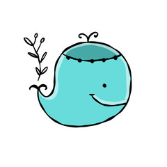 Funny wild whale character. Childish style icon, turquoise colors. Isolated on white for your design