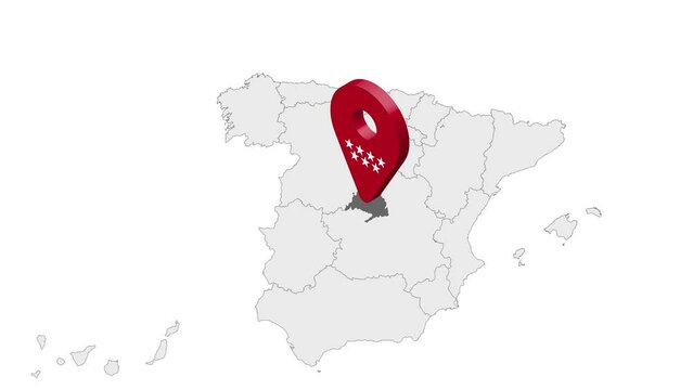 Location Community of Madrid on map Spain. 3d Community of Madrid flag map marker location pin. Map of Spain showing different parts. Animated map Autonomous communities of Spain. 4K.  Video