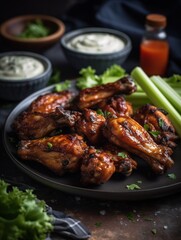 Fototapeta premium Grilled chicken wings served with a side of homemade sauce. AI generated