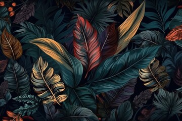 Illustration of tropical Tropical leaves seamless pattern on dark background with light effects, Generative Ai