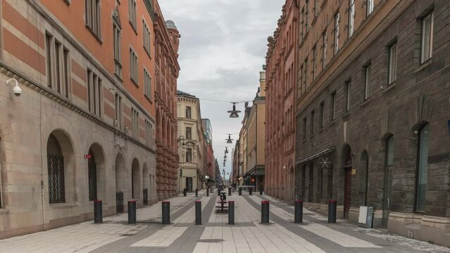 Stockholm Sweden time lapse 4K, city skyline timelapse of tourist at famous Drottninggatan shopping street