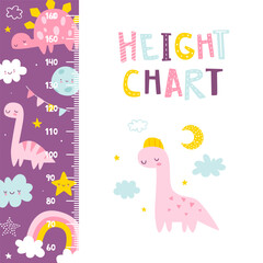 Height chart with cute sleeping dino. Cartoon ruler with dreaming dinosaurs. Doodle stadiometer for baby girls.