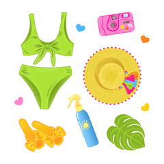 Vector illustration of beach summer accessories. Swimsuit, flip-flops, camera, straw hat, sunscreen