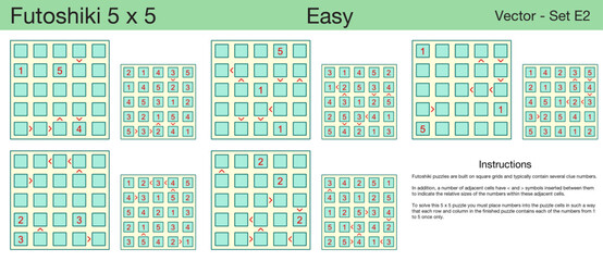 5 Easy Futoshiki 5 x 5 Puzzles. A set of scalable puzzles for kids and adults, which are ready for web use or to be compiled into a standard or large print activity book.