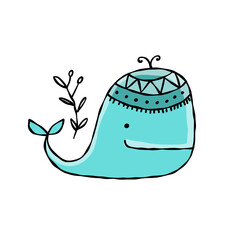 Funny wild whale character. Childish style icon, turquoise colors. Isolated on white for your design