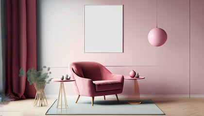 Modern living room interior with pink chair minimalis mockup 8