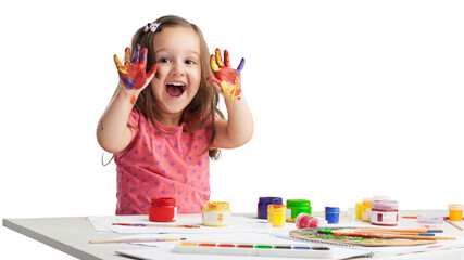 Naklejka na ściany i meble Little girl showing painted hands on background