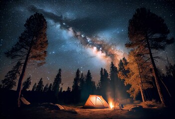Tourist camping near forest in dark warm summer night. Bright campfire burning under beautiful magical night sky full of stars and shiny milky way. Concept of camping, tourism. Generative AI