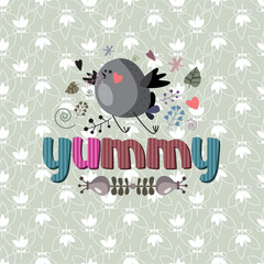 Yummy. A charming bird on a gray background.