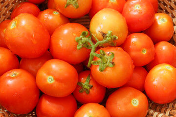 Red ripe tomatoes in a basket  with close up,Top view