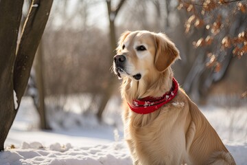 Cute Golden Retriever Pet Enjoys a Winter Walk in the Park with Friends, Generative AI