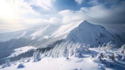 Fototapeta na wymiar Frozen Peaks: A Panoramic View of Snow-Covered Mountain Range in Winter. Generative AI