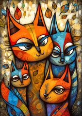 Stylized cute cat family. Created with Generative AI technology.