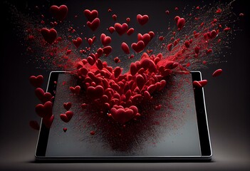 Red hearts fly out of the tablet PC. Generative AI