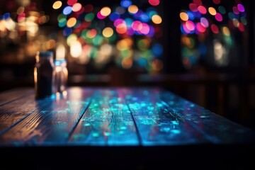 Fototapeta na wymiar Empty wooden table and blurred background of bar or pub at night, Generative Ai