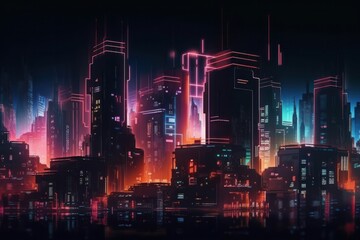 Obraz na płótnie Canvas A futuristic city with neon lights. 3D rendering. Neon lights, generative Ai
