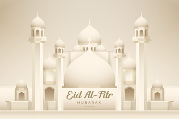 Happy eid al fitr mubarak greeting banner with cream gradient grand mosque illustration. Idul Fitri greeting design