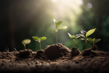 Naklejka na ściany i meble Young plant seedling growing in soil on blurred nature background, World Environment Day concept, Generative Ai