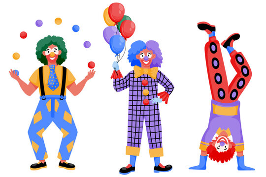 Men in clowns costumes set. Vector illustration of funny jokers. Amusement park circus or birthday party design elements