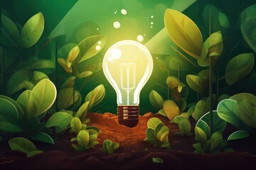 Glowing light bulb in the ground with green leaves background, Idea concept, Generative Ai