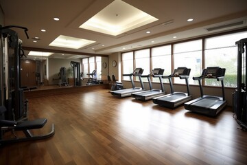 Interior of a fitness hall with treadmills and running machines, generative Ai