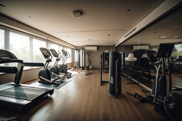 Fototapeta na wymiar Interior of a modern fitness hall with exercise machines. Horizontal, Generative Ai