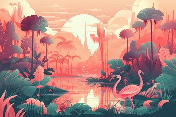 Flamingo in the jungle. Vector illustration of a tropical landscape, Generative Ai