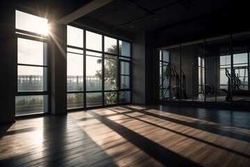 Interior of a modern fitness hall with sunlight shining through the window, generative Ai