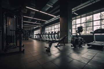 Interior of a fitness hall with sports equipment. Toned, generative Ai