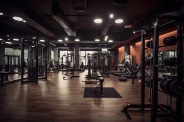 Interior of a fitness hall with equipment and space for your text, generative Ai