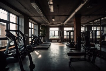 Interior of a fitness gym room in a loft style. Treadmill room, generative Ai