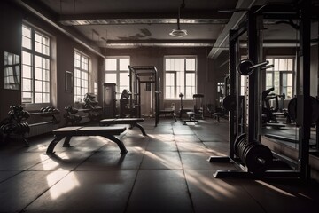 Naklejka premium Interior of a fitness hall with gym equipment. Toned image, Generative Ai