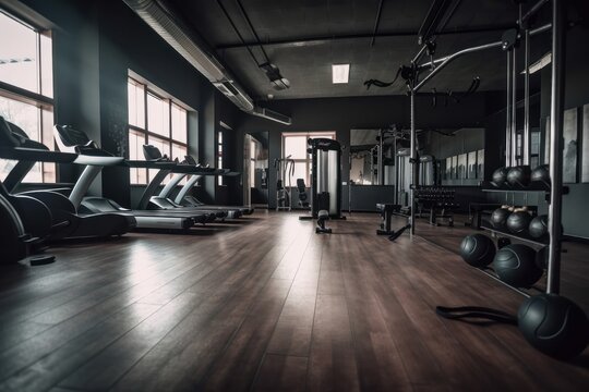 Interior of a fitness gym room with sports equipment. Toned image, generative Ai