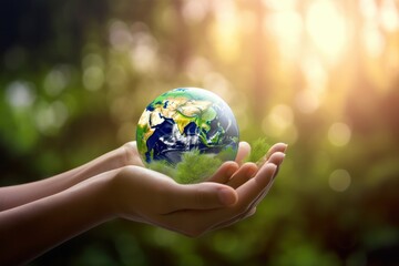 Globe in human hands, save the planet, environment concept, generative Ai