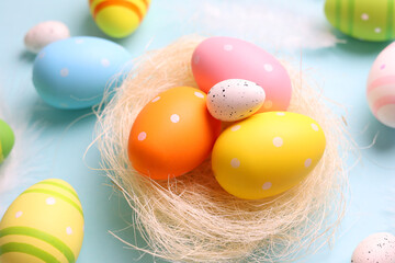 Fototapeta na wymiar Easter eggs on a colored background, festive background 
