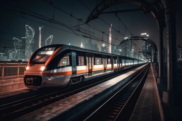 Naklejka premium Modern high-speed train in the city at night. 3d rendering, Generative Ai