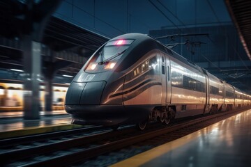 Fototapeta premium Modern high-speed train in the city at night. 3d rendering, generative Ai