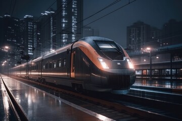 High speed train in motion at station. Shallow depth of field, generative Ai