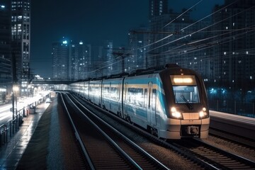 Fototapeta premium High speed train in the city at night with motion blur background, generative Ai