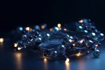 Blue Christmas garland on a dark background with bokeh lights. Selective focus. Holiday, Generative Ai