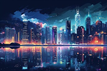 Night city with skyscrapers and reflection in water, illustration style, Generative Ai
