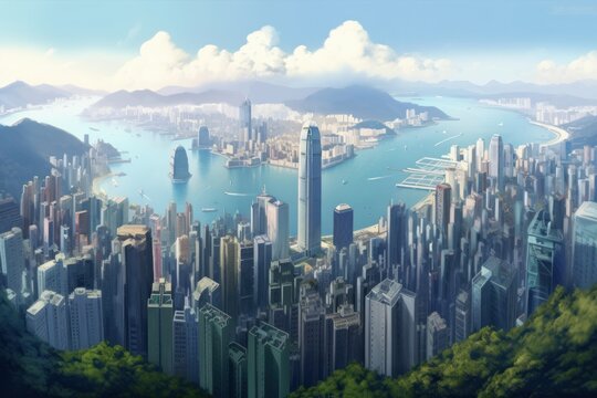 Beautiful aerial view of the city of Hong Kong from Victoria Peak, Generative Ai