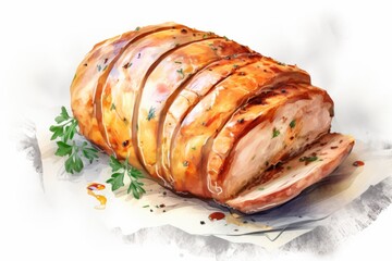 Sliced bacon-wrapped pork loin with spices and herbs., Generative Ai