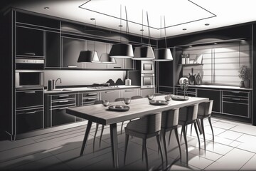 3D rendering of a modern kitchen in a loft with a black walls, generative Ai