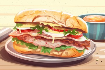 Illustration of a sandwich with bacon, tomato, cheese, onion and lettuce, Generative Ai