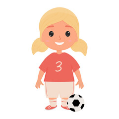 a cute little girl in a sports uniform is standing with a ball. vector