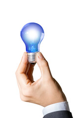 Closeup of Businessperson Holding a Blue Light Bulb