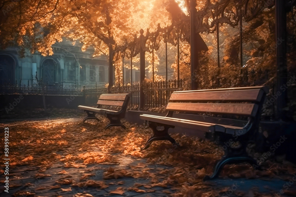 Poster benches in a park in autumn. created with generative ai technology.