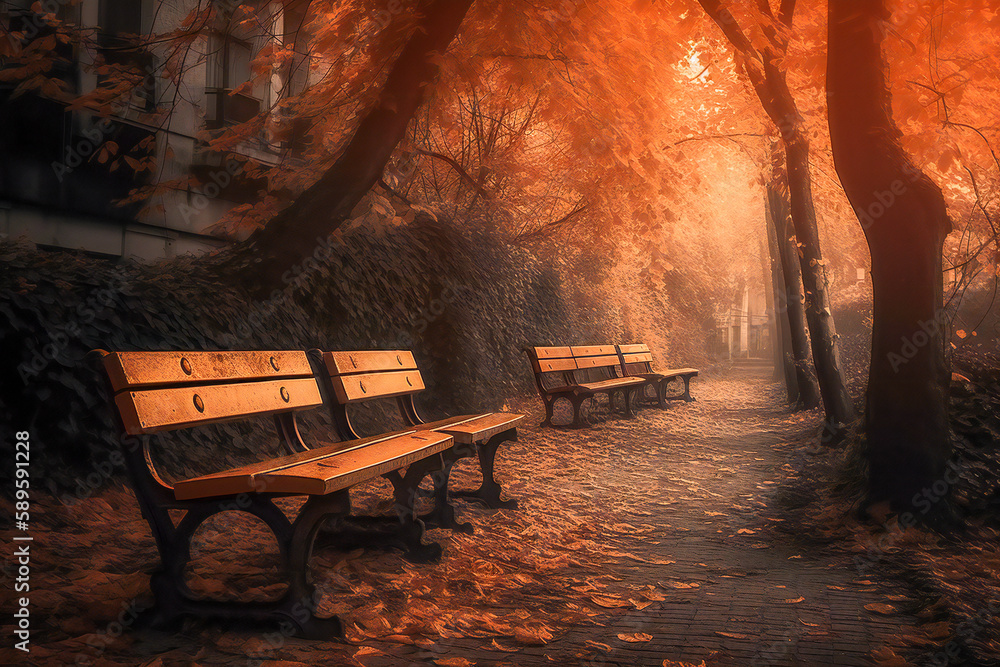Poster benches in a park in autumn. created with generative ai technology.